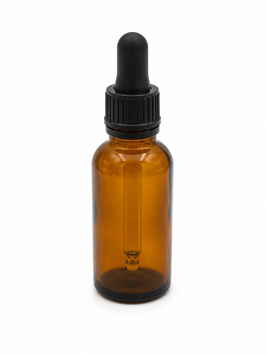 Flacon brun 30 ml + bouchon pipette verre